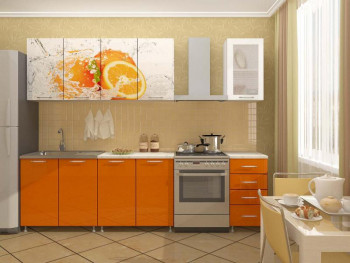 Кухонный гарнитур 1,6м Апельсин (Белый/Оранжевый металлик/Фотопечать апельсин) в Новотырышкино - novotyryshkino.mebel54.com | фото